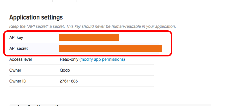 Your new twitter app will have an API key and API secret